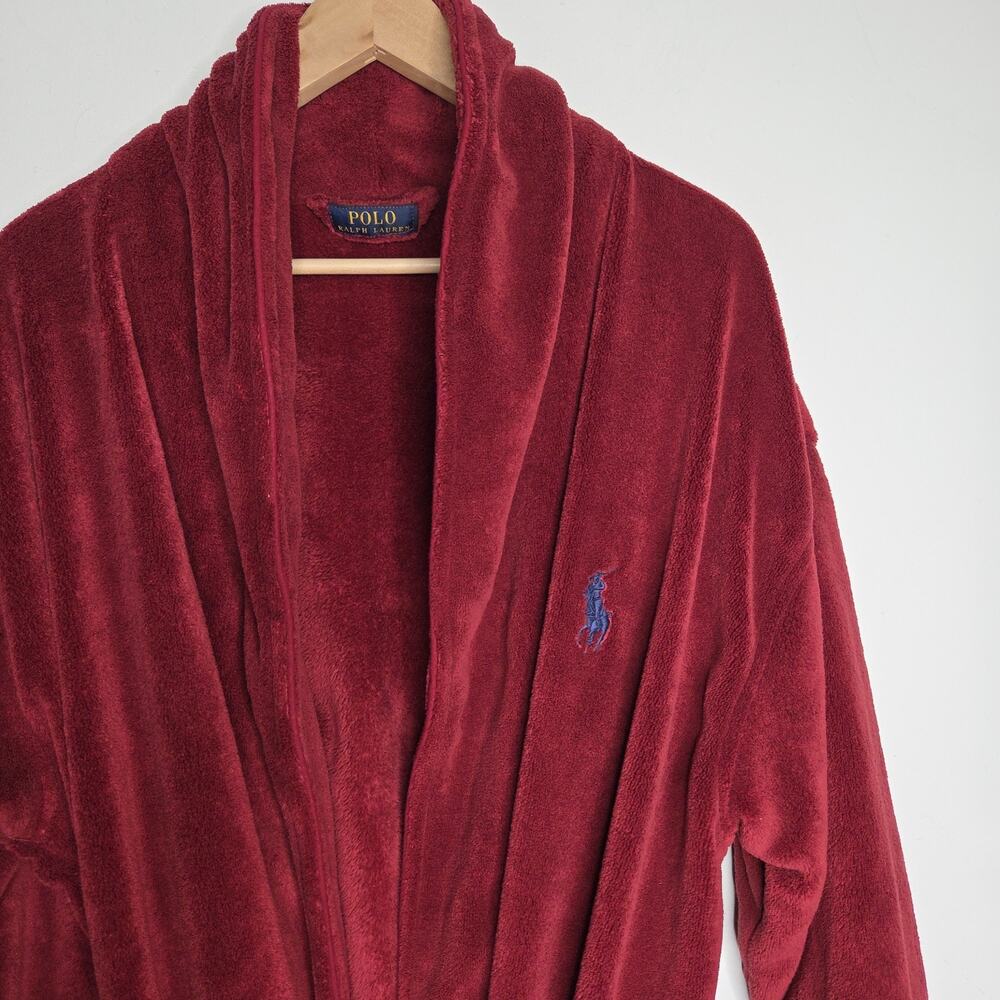 Polo Ralph Lauren Robe One Size Burgundy Fleece Bathrobe Belted Pony Logo Mens